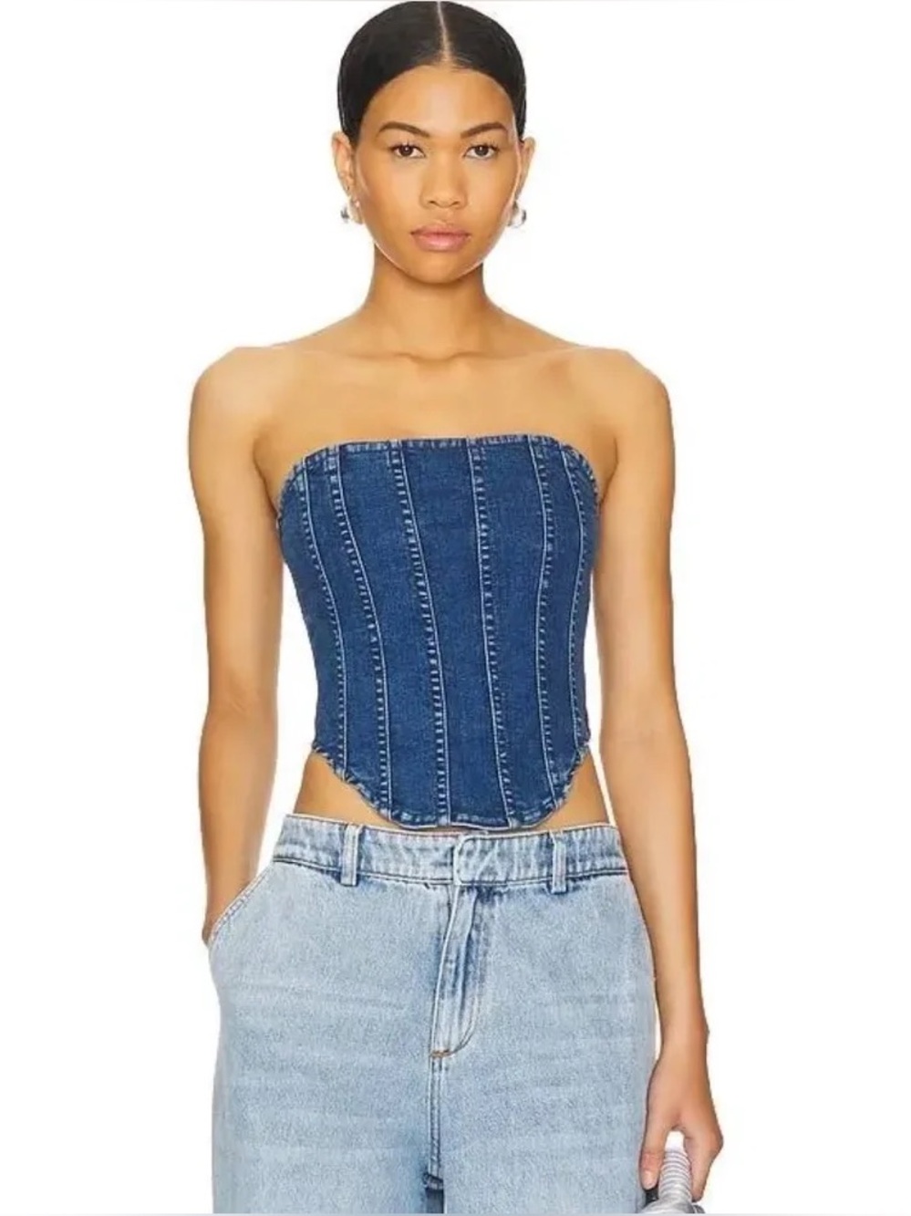 Good American Blue Denim Boned Corset Top